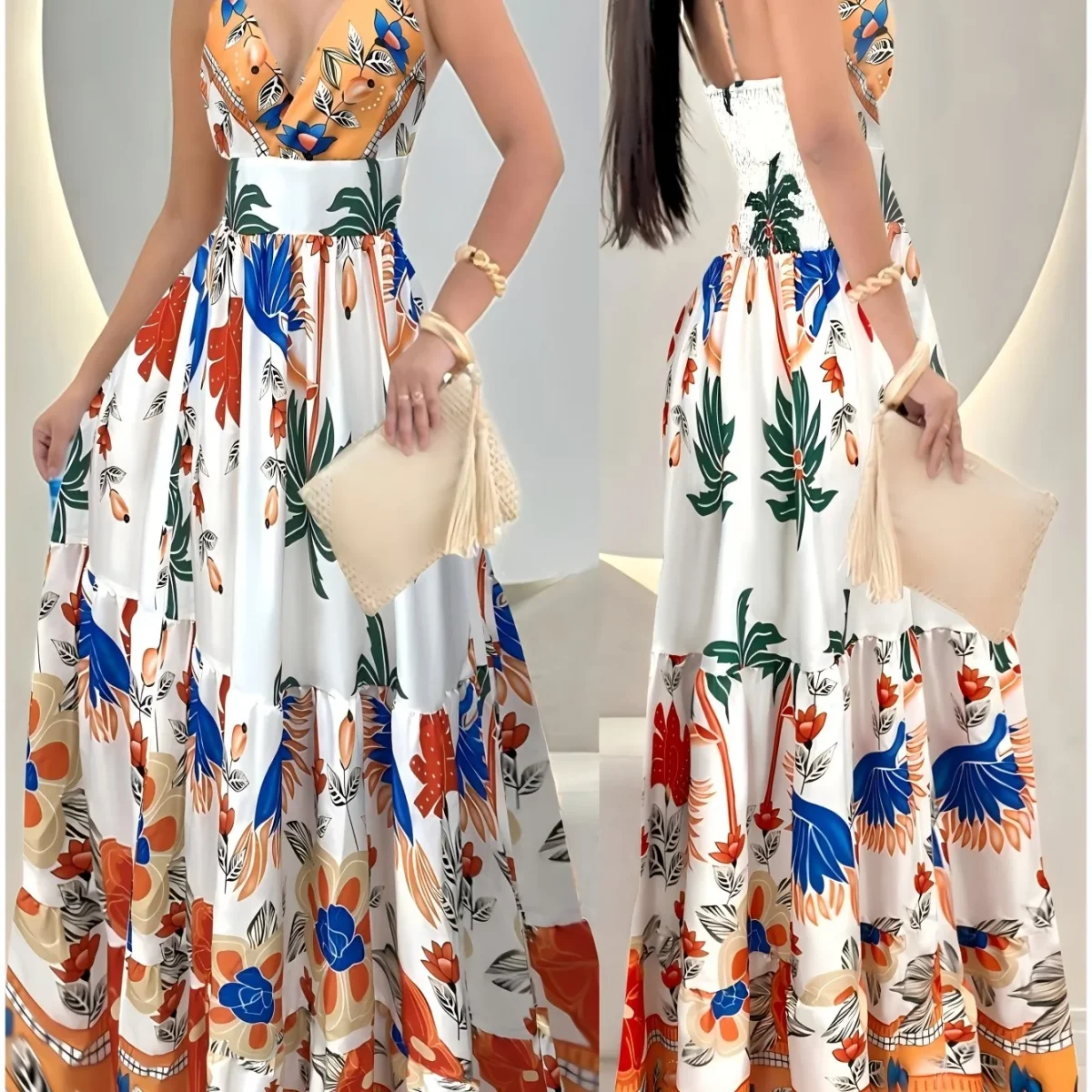 Damen Maxi-Tierkleid mit tropischem Print und tiefem V-Ausschnitt – Elegantes Sommer- und Urlaubsoutfit – Image 5