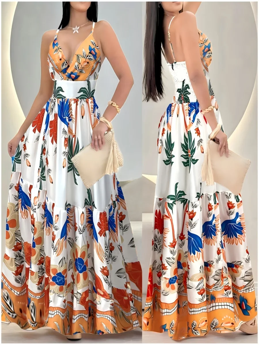 Damen Maxi-Tierkleid mit tropischem Print und tiefem V-Ausschnitt – Elegantes Sommer- und Urlaubsoutfit – Image 2