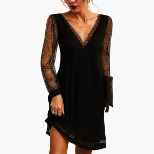 Damen Abendkleid mit Glitzer-Mesh-Ärmeln und V-Ausschnitt – Elegantes Partykleid für festliche Anlässe