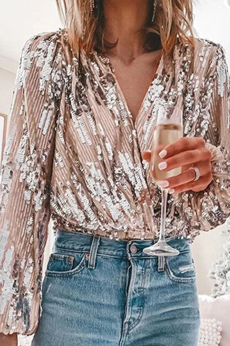 Damen Pailletten Bluse Elegant – Glänzende Party Oberteil mit Vintage Charme für festliche Anlässe – Image 5
