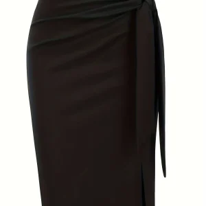 Damen Eleganter Midirock mit Knoten-Detail und Schlitz – Perfekt für Büro & Events