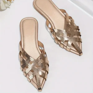 Damen Flat Mules mit spitzer Zehenpartie und geflochtenem Caged-Design – Elegante Slip-On Schuhe für Alltag und Abend