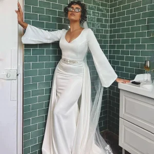 robe blanche satin manche longue